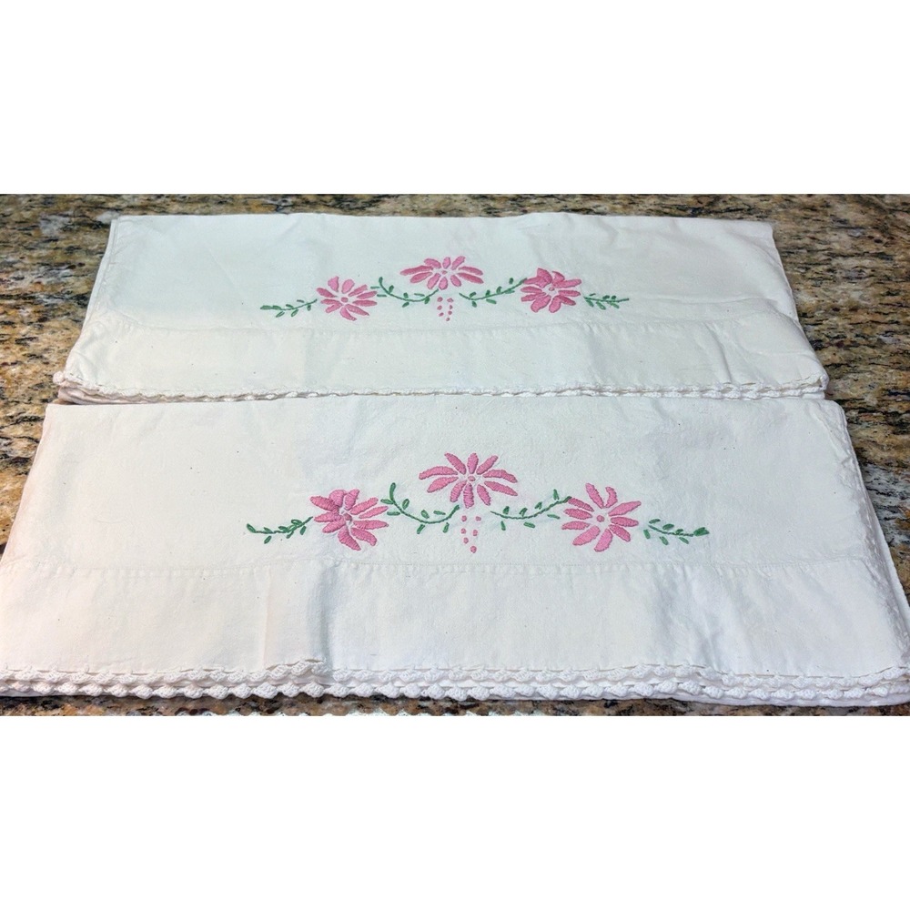Vintage Embroidered Floral Pillowcase Set (2) White Pink MCM Embroidered
